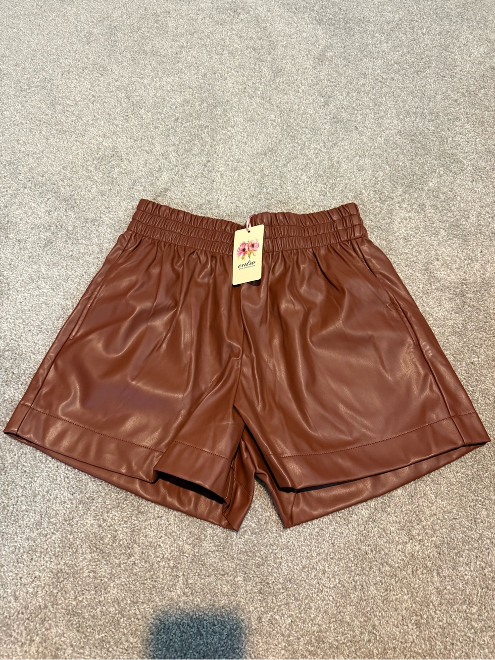 Entro Faux Leather Elastic Waist Shorts - Brown